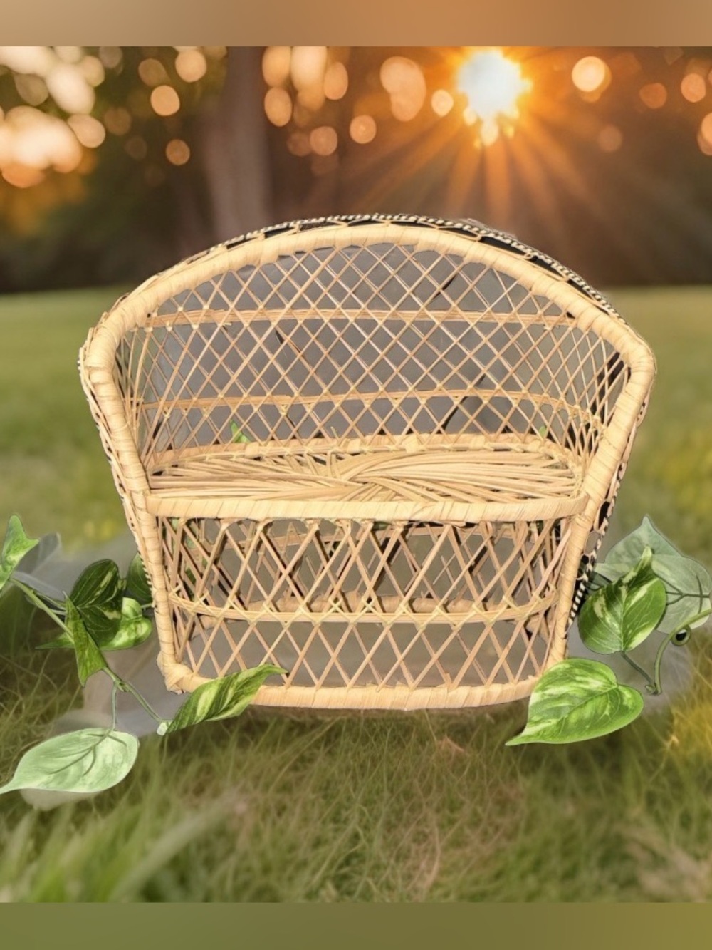 Vtg Miniature Wicker Peacock Loveseat Doll Settee Rattan Plant Stand Boho